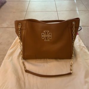 Beautiful Tory Burch brown leather shoulder bag with gold accents